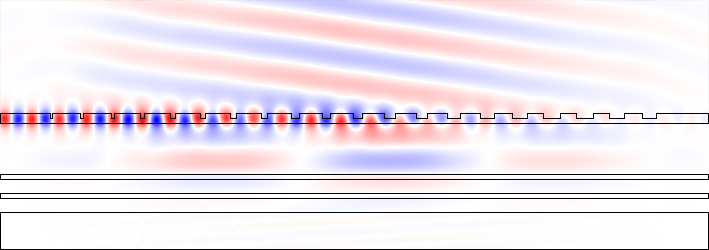 Optimized grating coupler design. The waveguide mode is incident from the left and light is coupled out upwards towards the fiber. The fiber itself is not shown in this picture.